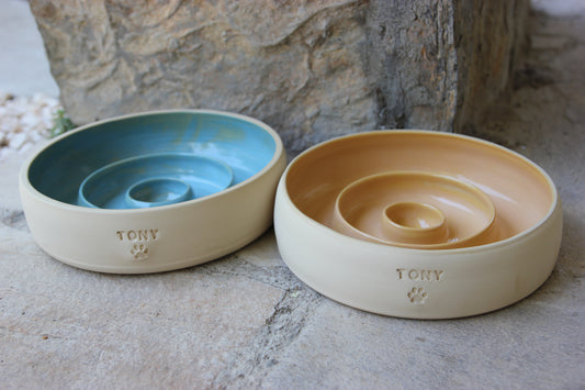 Personalized Ceramic Slow Feeder Pet Bowls, Dog and Cat Food Bowl, Custom Name Engraved.